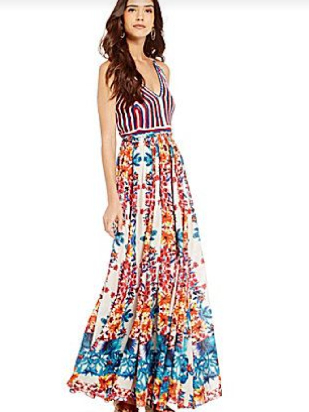 Crochet Bodice Strappy Back Multicolor Floral Huge Full Skirt Maxi Island Escape